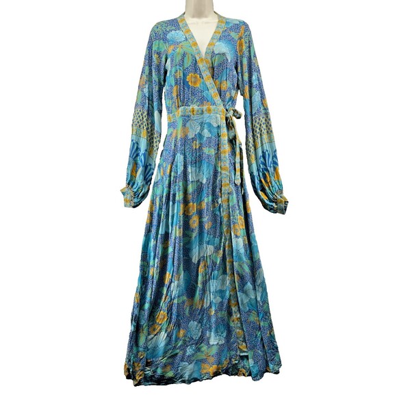 Nine Lives Bazaar Allure Maxi Wrap Dress Size 10 Blue Floral Boho Long Sleeve - Picture 5 of 16